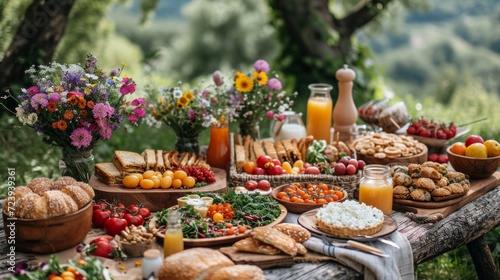 An Easter breakfast outdoors with a garden picnic setup. The picnic table full of sandwiches  quiches  salads and Easter-themed delights.