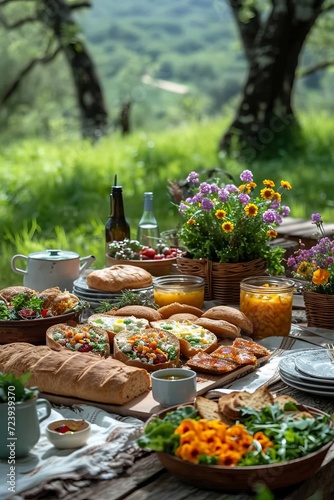 A delightful Easter morning in a garden picnic setting with sandwiches, quiches, salads and fresh bread