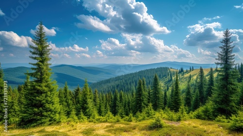 Magnificent panoramic view the coniferous forest on the mighty Carpathians Mountains and beautiful blue sky background. Beauty of wild virgin Ukrainian nature.   © Sem