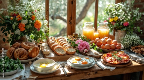 A cozy rustic Easter brunch table with spring flowers, homemade pastries and Easter eggs