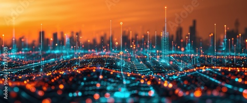 Futuristic concept abstract smart city dot point connect with gradient line technology data building photo