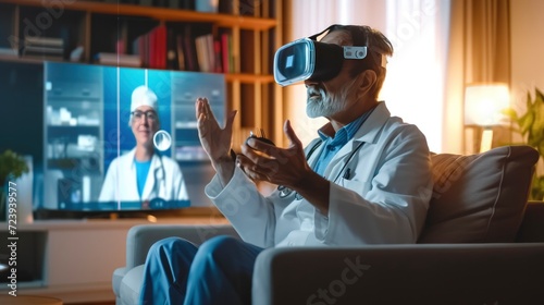using virtual reality at home for a doctor's examination, a 3D hologram of a doctor and medical equipment appearing in his living room #723939577