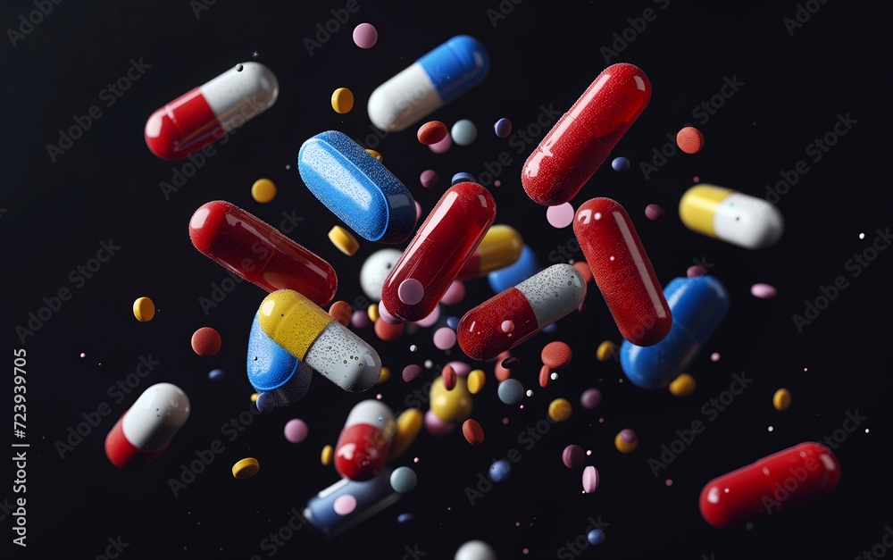 Colorful pills falling on black background Colorful pills falling on black background