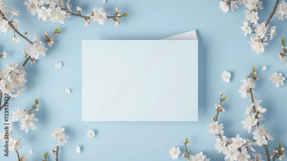 mock up of a wedding invitation card, sky blue color, floral design 