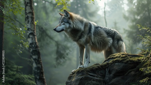 n the dense forest, a majestic grey wolf stood on a rocky ledge, its piercing eyes gazing into the distance, diamond wire photography, manga,   © Sem
