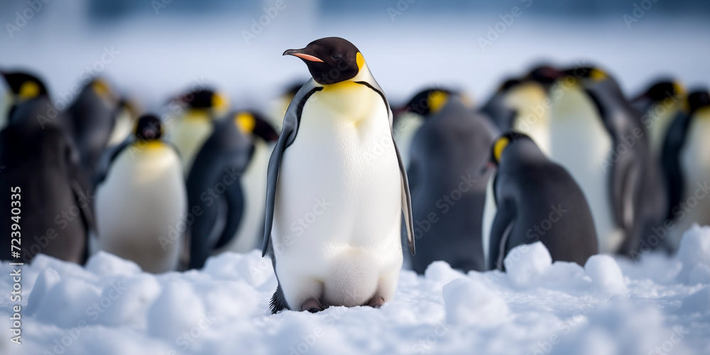 Fototapeta premium Emperor penguin (Aptenodytes forsteri) in the icy landscapes of Antarctica with blurred background