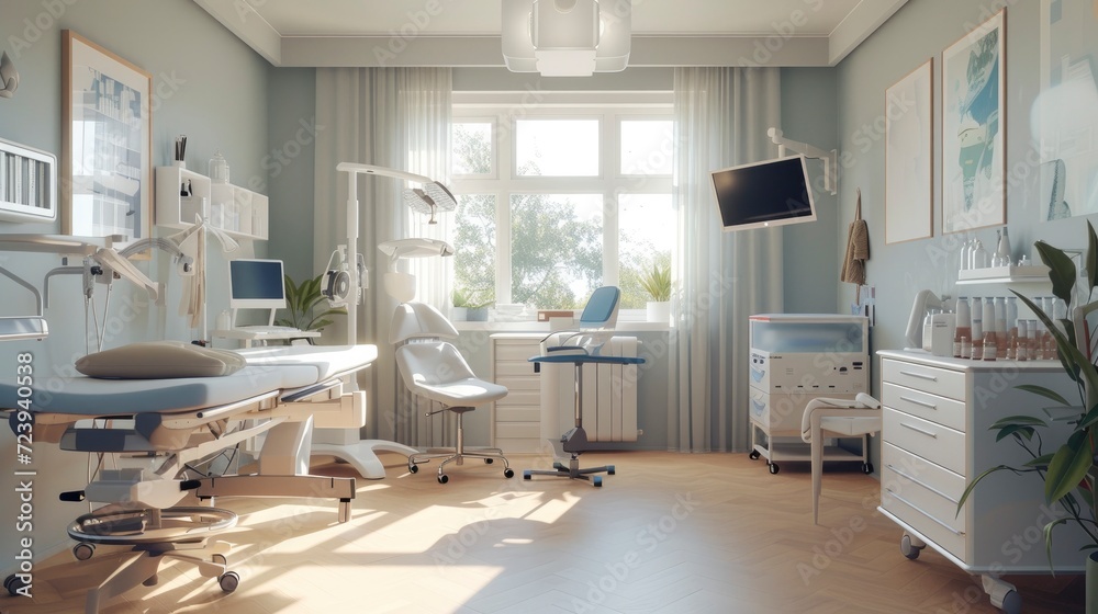 spacious living room, comforting and reassuring atmosphere with high-tech medical tools