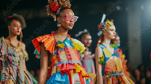 Runway models presenting upcycled creations by renowned designers, promoting sustainable and creative fashion choices. 8K photo