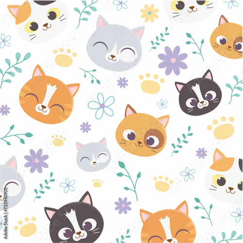 Pattern of cute cartoon cats with flowers