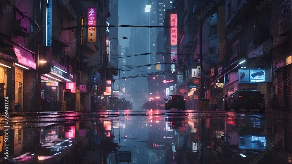 Reflection of city lights on a rainy cyberpunk street