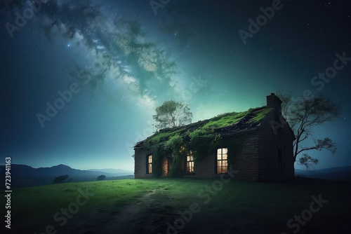 A lonely abandoned house. Night and a starry sky.