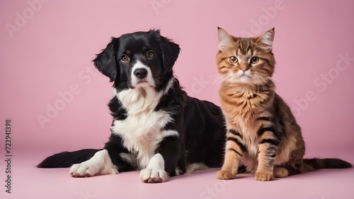 image of a cat and dog on a pink pastel background, friendship between cats and dogs, image for advertising veterinary clinics and pet stores