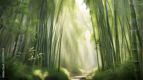 A serene bamboo forest with ethereal light