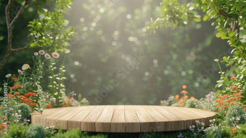Wooden podium in spring land for product presentation and green background 
