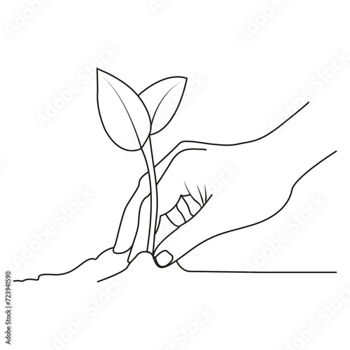 Continuous single line drawing of  growing plants with hand vector illustration