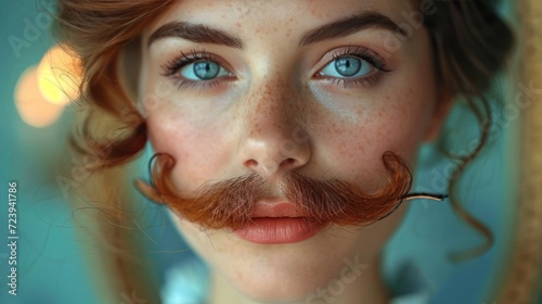 Shave your mustache. Image of a beautiful young woman with luxuriant facial hair. Studio portrait. Blurred background. Morning toilet. Cosmetic product for hair removal. photo