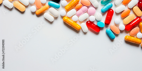 flat lay scattered tablets, capsules. Medicines, vitamins and antidepressants. Theme of medicine, therapy 