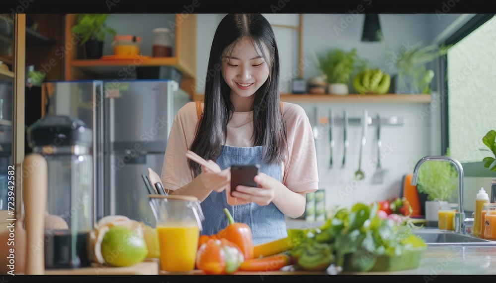 asian woman making healthy food using phone creating video content for social media