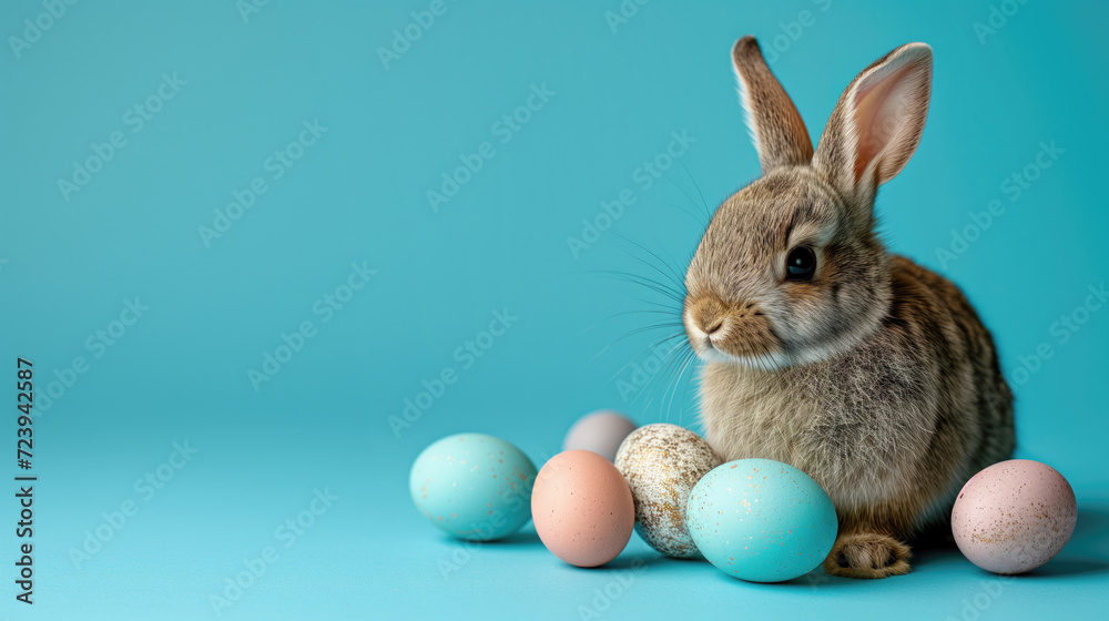 Easter bunny rabbit and eggs on blue background with space for text Easter bunny rabbit and eggs on blue background with space for text