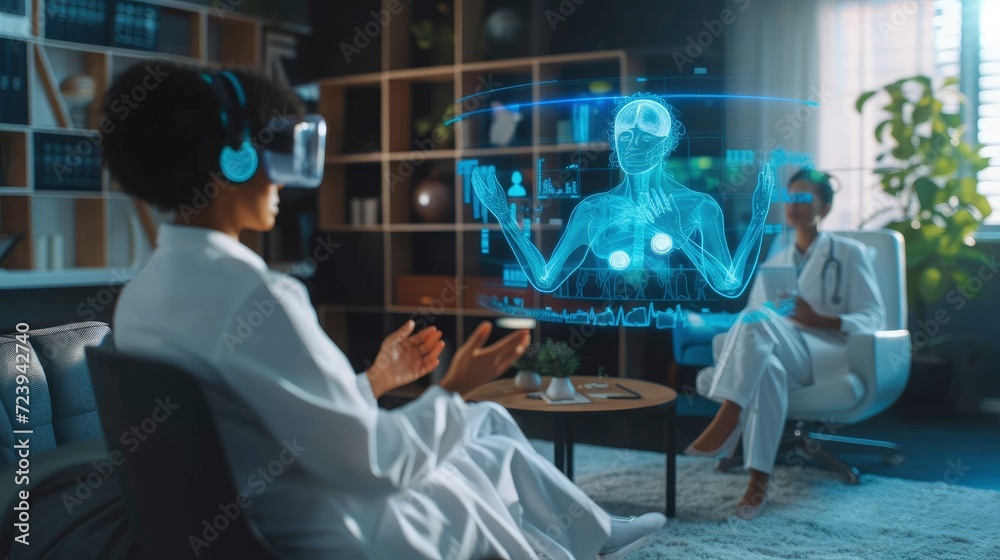 Virtual reality gear enables a medical professional to interact with a lifelike, holographic 3D anatomy hospital, revolutionizing medical education. Virtual reality gear enables a medical professional to interact with a lifelike, holographic 3D anatomy hospital, revolutionizing medical education.