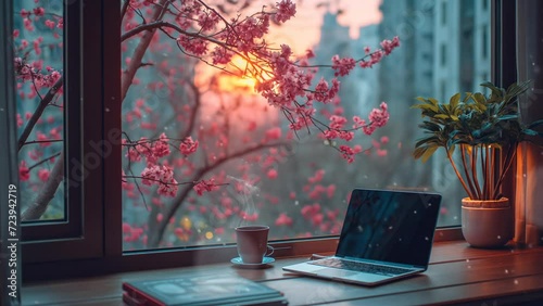cup of coffee and a laptop by the window with a spring view. Seamless looping 4k time-lapse virtual video animation background