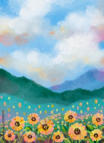 Beautiful sunflower field with mountains.
watercolor landscape.