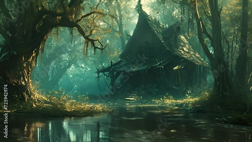Amidst the stagnant waters and rotting vegetation of the swamp, the witchs hut stands as a beacon of magic and mystery, beckoning those who seek its dark powers. Fantasy animation photo