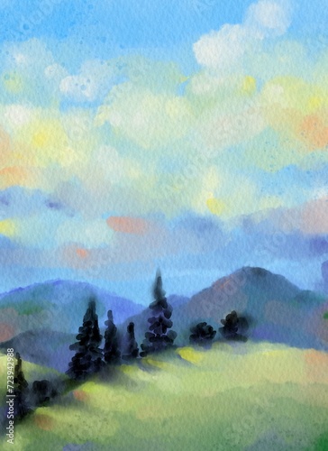 Mountains Green with clouds on blue sky and green grass. Beautiful watercolor nature landscape.