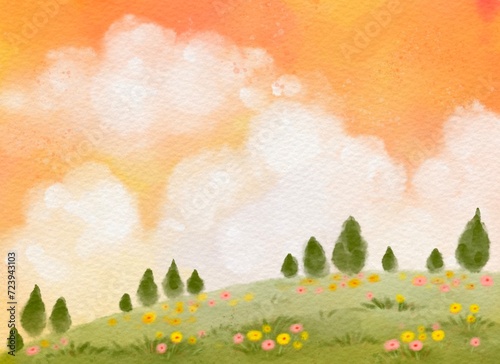 Green natural pine tree with clouds on orange sky watercolor. Spring flowering meadow.