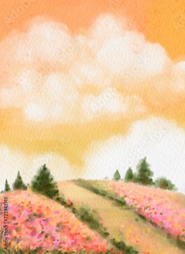 Green natural pine tree with clouds on orange sky watercolor. Spring flowering meadow.