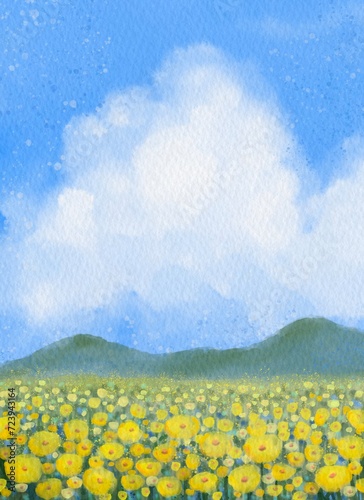 Beautiful sunflower field with green mountains.
watercolor landscape.