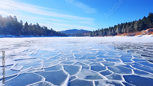 Blue ice and cracks on the surface of the ice. Frozen lake under a blue sky in the winter, Winter. Carpathian, Ukraine, Europe, Frozen lake under a blue sky in the winter Generative Ai © HayyanGFX