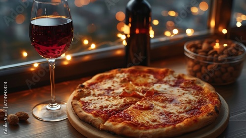 Ambiance chaleureuse : Pizza, vin rouge et soirée intime à la maison