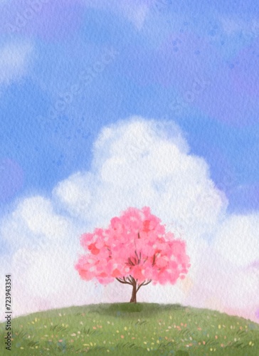 Pink tree with clouds on blue sky and green grass. Watercolor landscape with paper texture.