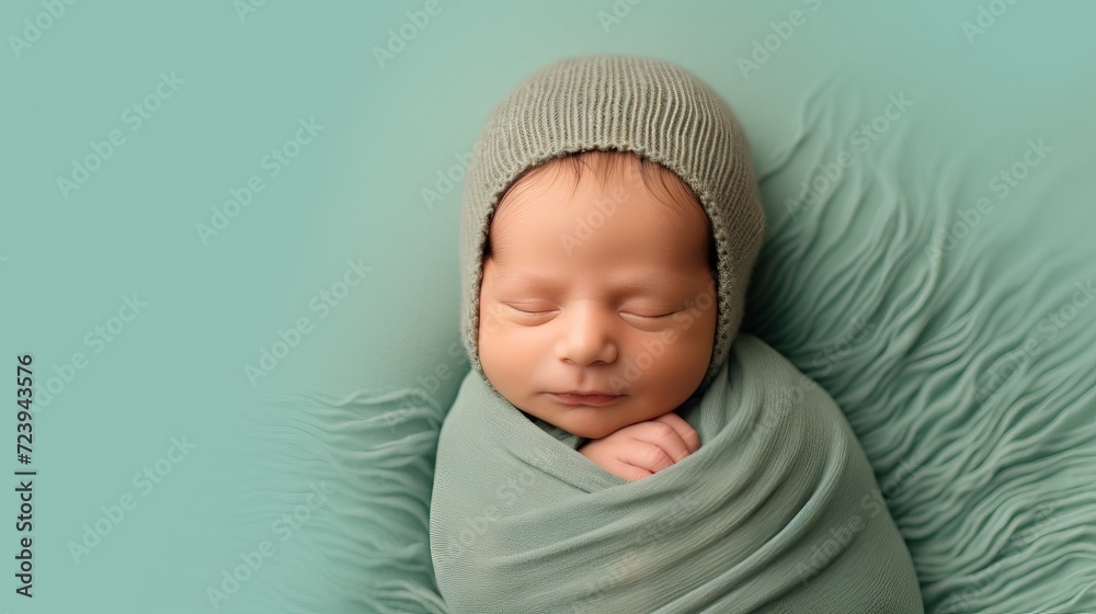 A newborn is wrapped in a soft green blanket with a knitted hat. A child smiling in a dream is a touching and warm emotion. Concept: children's products, parenting or visual content for family clinics A newborn is wrapped in a soft green blanket with a knitted hat. A child smiling in a dream is a touching and warm emotion. Concept: children's products, parenting or visual content for family clinics