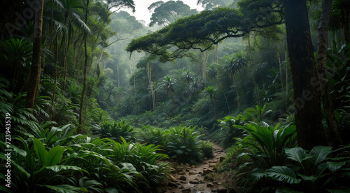 Amazon rainforest landscape. Tropical jungle nature wallpaper design. Generative ai