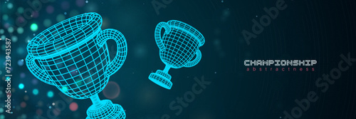 Champion cup vector banner. Meshgrid winner goblet on blur dark background. Three-dimensional bowles. Futuristic HUD cyber championship reward photo