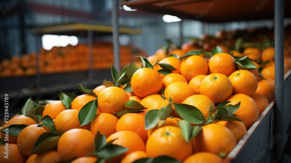 Fresh delicious oranges lying on shelf in supermarket. Organic market place. Shopping. Groceries