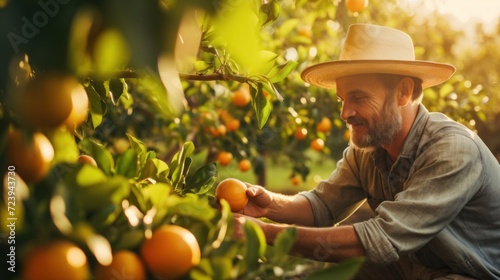 Positive man, farmer working on orange plantation, picking orange on sunny day. Gathering harvest for further transportation photo