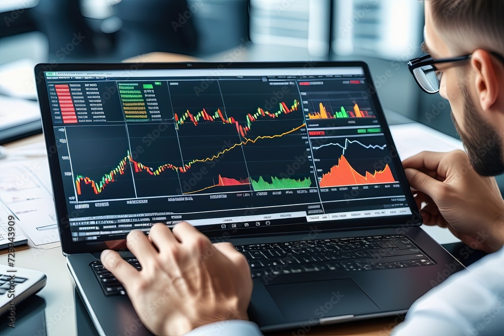man checking stock market, laptop with graph on screen, finance markets man checking stock market, laptop with graph on screen, finance markets