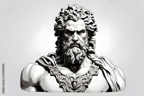 Front view of aesthetic black white Zeus illustration on white background