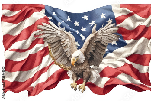 Front view of a aesthetic american flag with symbol illustration on white background