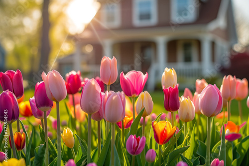 Beautiful colorful tulips blossoming in front of a big house.