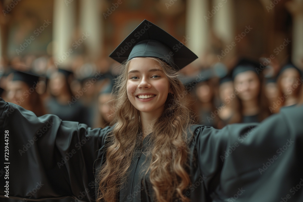 Fototapeta premium Happy female student with outstretched arms on graduation day. Portrait of a young woman in a black square cap and gown standing outside his school, college or university, looking to camera