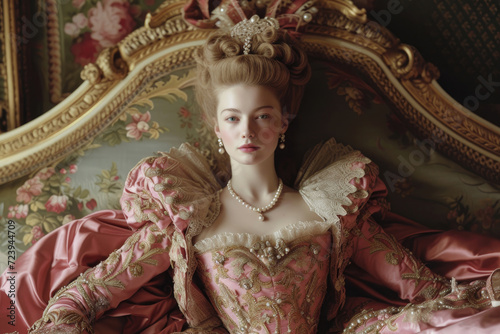 A vision of Rococo royalty from 18th-century France, adorned in traditional attire