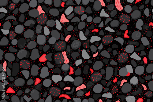 Smoldering coals. Firewood in the fireplace burnout. Glowing embers pattern. Hot coals seamless pattern. Flaming smoking coal. Cartoon burning glowing charcoal, hot burning burning charcoal top view.