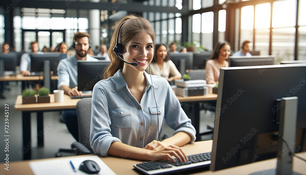 Smiling female operator in headset using computer at office. Call center Smiling female operator in headset using computer at office. Call center