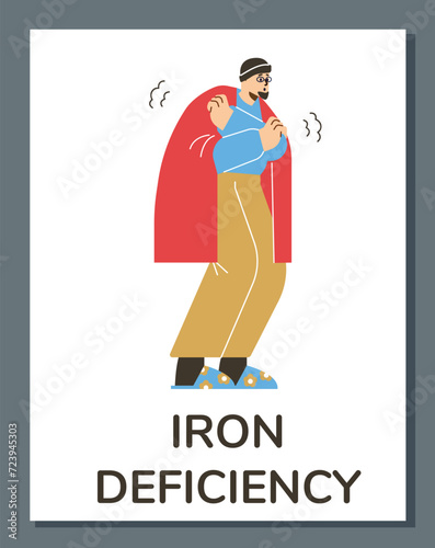 Iron deficiency anemia symptom medical vector poster, sick man feels cold, freezing symptom of the anemia disease