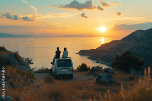 Couple of friends enjoying scenic Mediterranean view from a road side parked minivan. Travelling in camper van. Planning a road trip adventure.