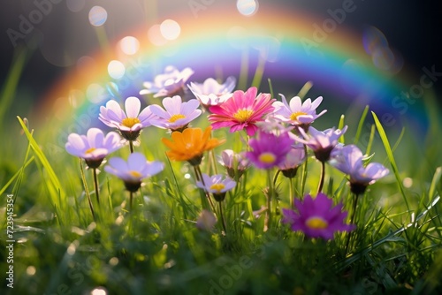 A vibrant rainbow stretching over a green field with spring flowers © Radmila Merkulova